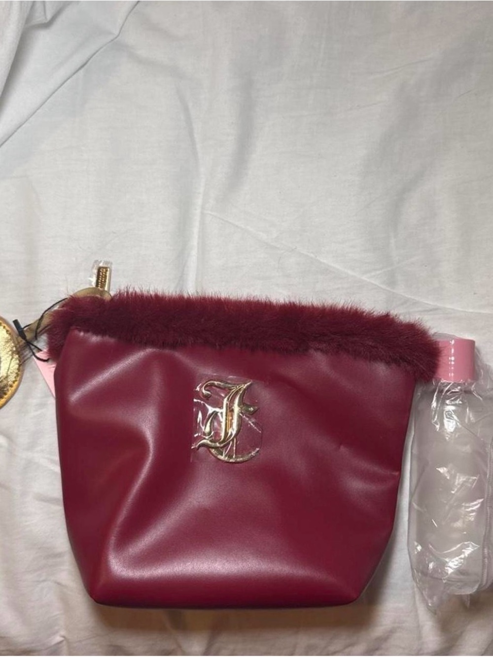 Faux-Fur Trim Burgundy Women’s Cosmetic Pouch juicy couture